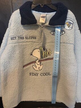 Peanuts Light Blue & Navy Sherpa Zip Pullover with Ski Graphic